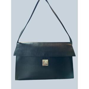 Vintage Furla Black Pebbled Leather Push Lock Shoulder Bag